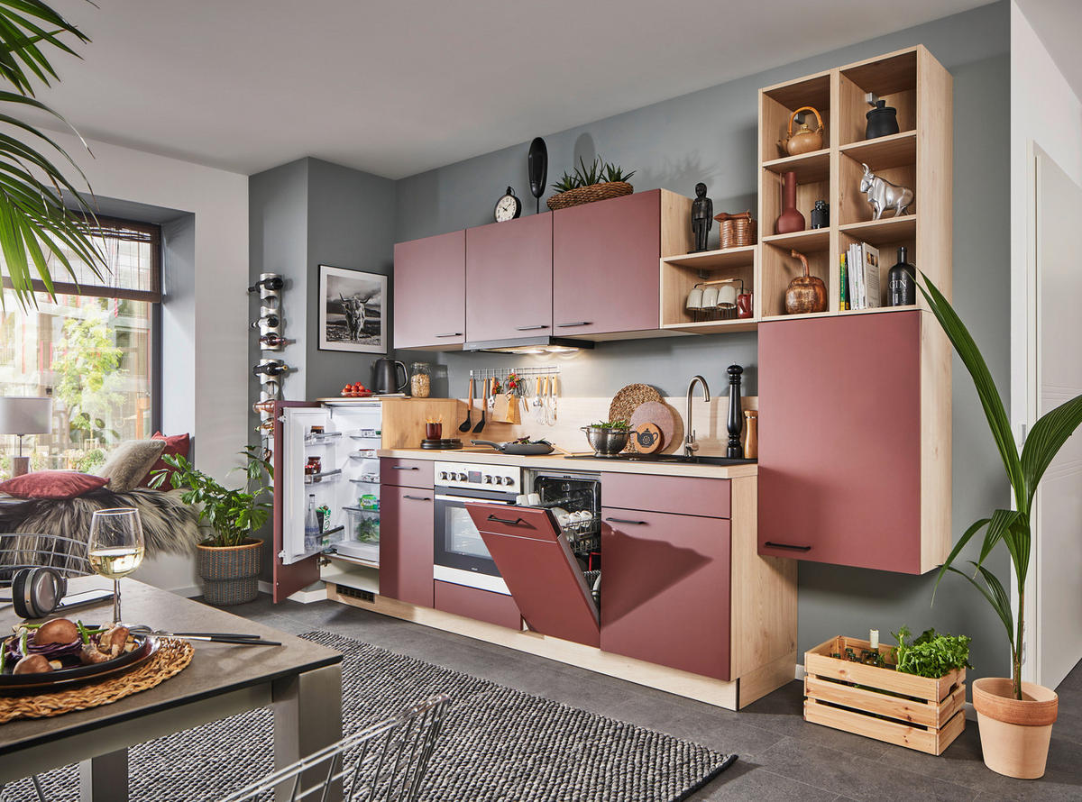KÜCHENLEERBLOCK 330 cm   in Rot, Eichefarben  - Eichefarben/Rot, KONVENTIONELL, Holzwerkstoff/Metall (330cm) - Welnova