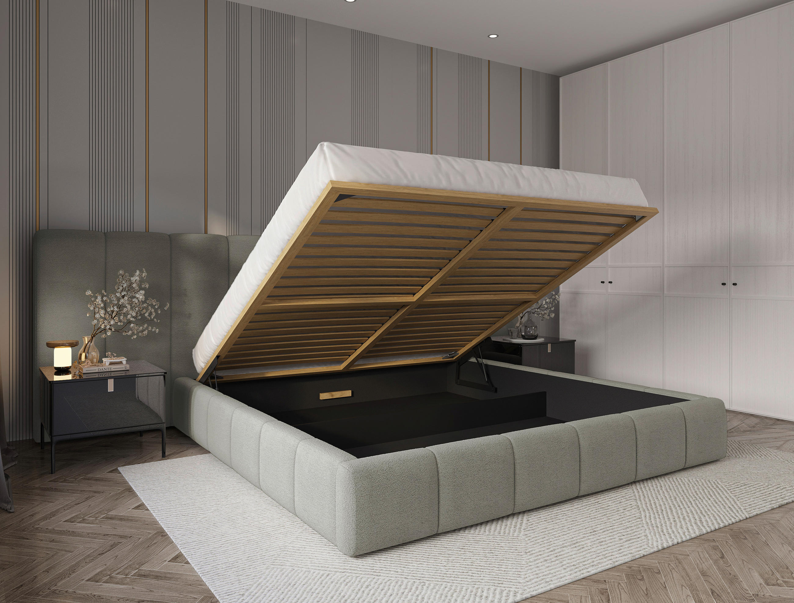 POLSTERBETT 200/200 cm,  in Hellgrau, gepolstertes Kopfteil, Lattenrost, Bettkasten,  - Hellgrau/Schwarz, Design, Holz/Kunststoff (200/200cm) - Chameo