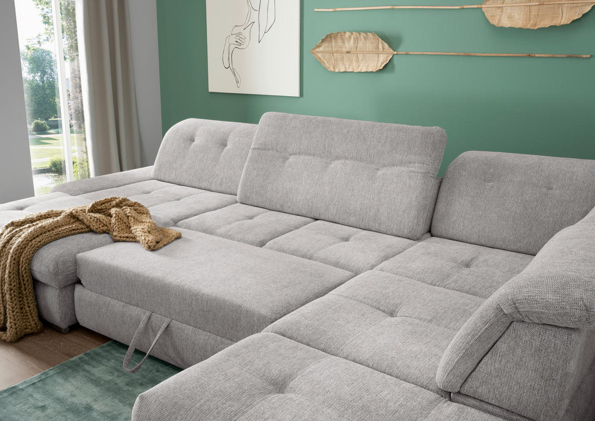 WOHNLANDSCHAFT in Chenille Grau  - Chromfarben/Grau, Design, Textil/Metall (195/376/254cm) - Livetastic