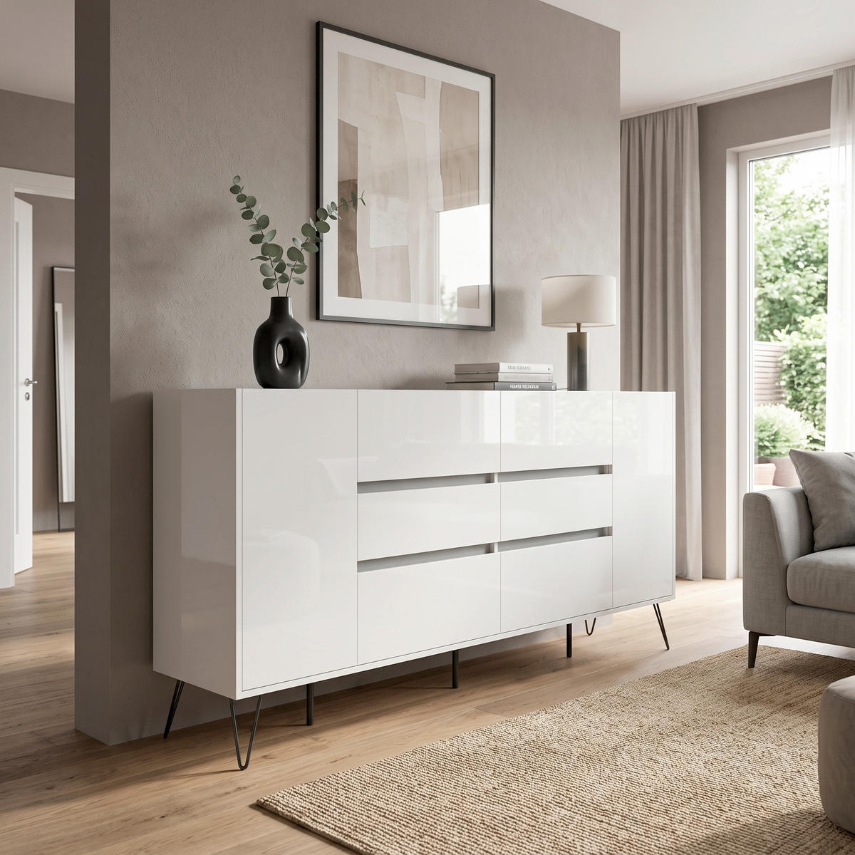 SIDEBOARD Posseik Industrial 199/93,6/42 cm 6 Schublade(n)  - Weiß Hochglanz/Schwarz, Design, Holzwerkstoff/Metall (199/93,6/42cm) - MID.YOU