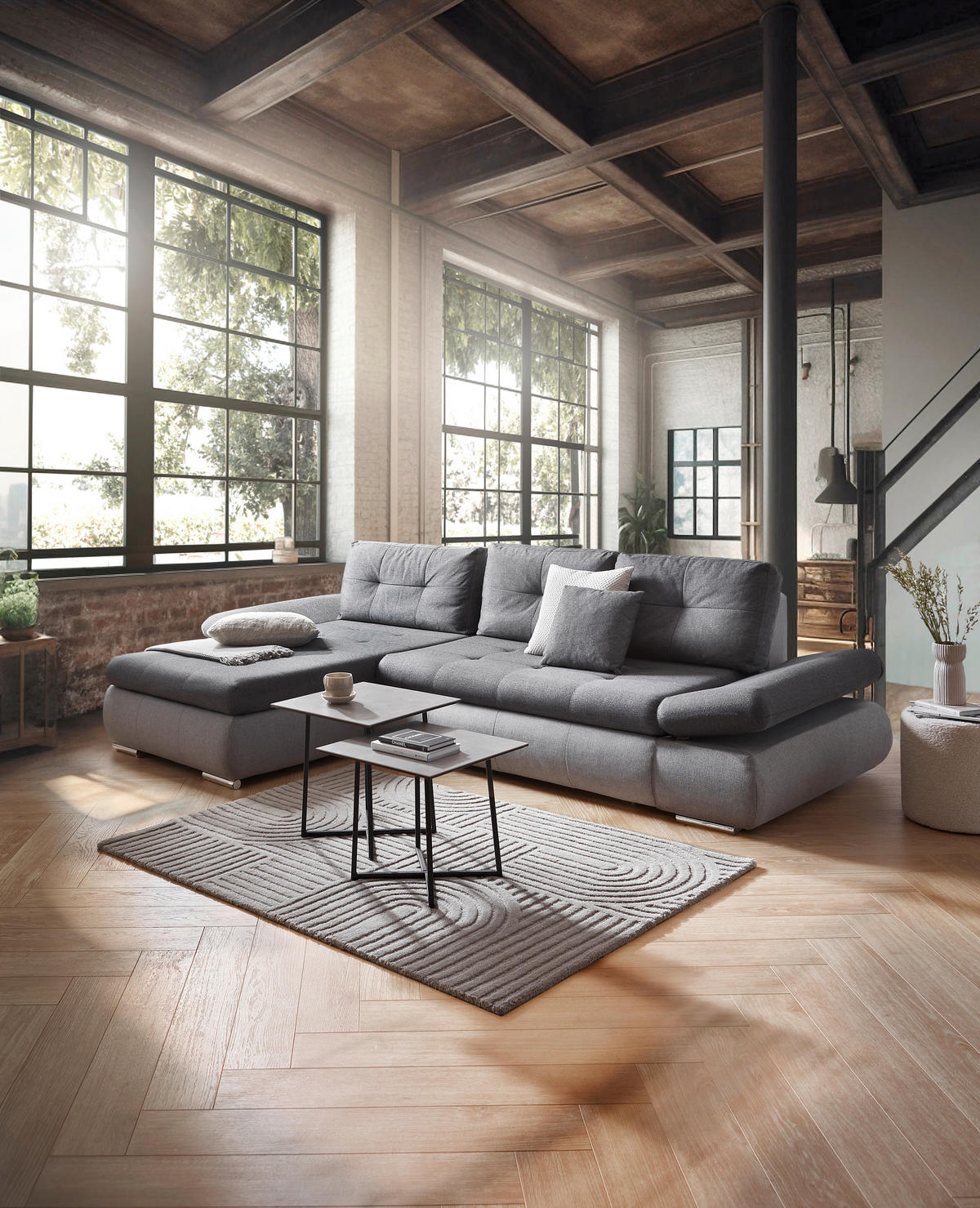 ECKSOFA Hellgrau, Grau Webstoff  - Chromfarben/Dunkelgrau, Design, Kunststoff/Textil (302/187cm) - Carryhome