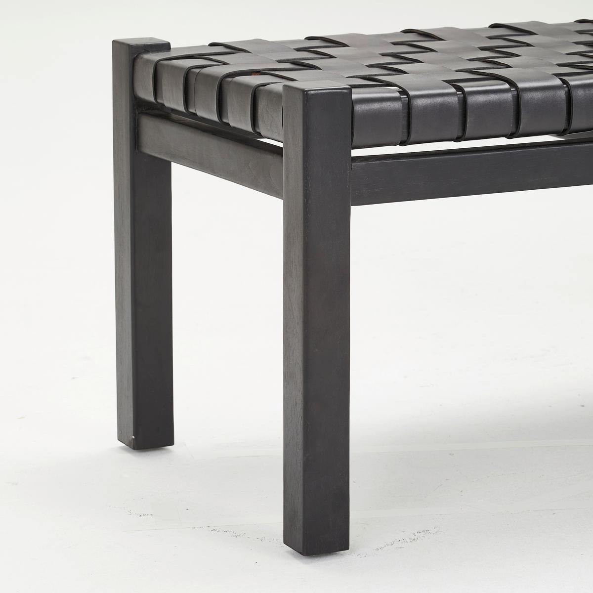 HOCKERBANK in Holz, Leder Schwarz  - Schwarz, Basics, Leder/Holz (120/45/43cm) - MID.YOU