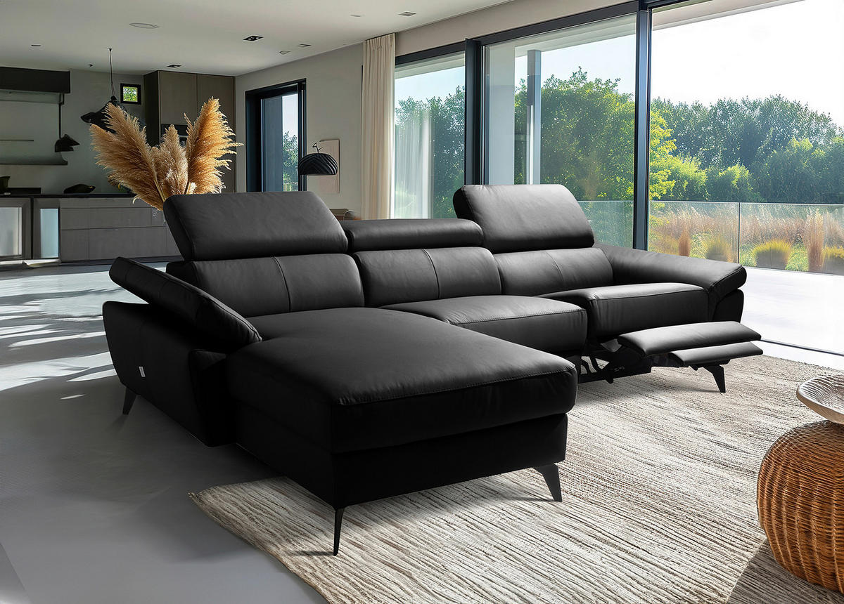 ECKSOFA Schwarz Echtleder Lederlook Rücken echt, Armteilverstellung, Relaxfunktion, Kopfteilverstellung  - Schwarz, Design, Leder/Textil (179/252cm) - Livetastic