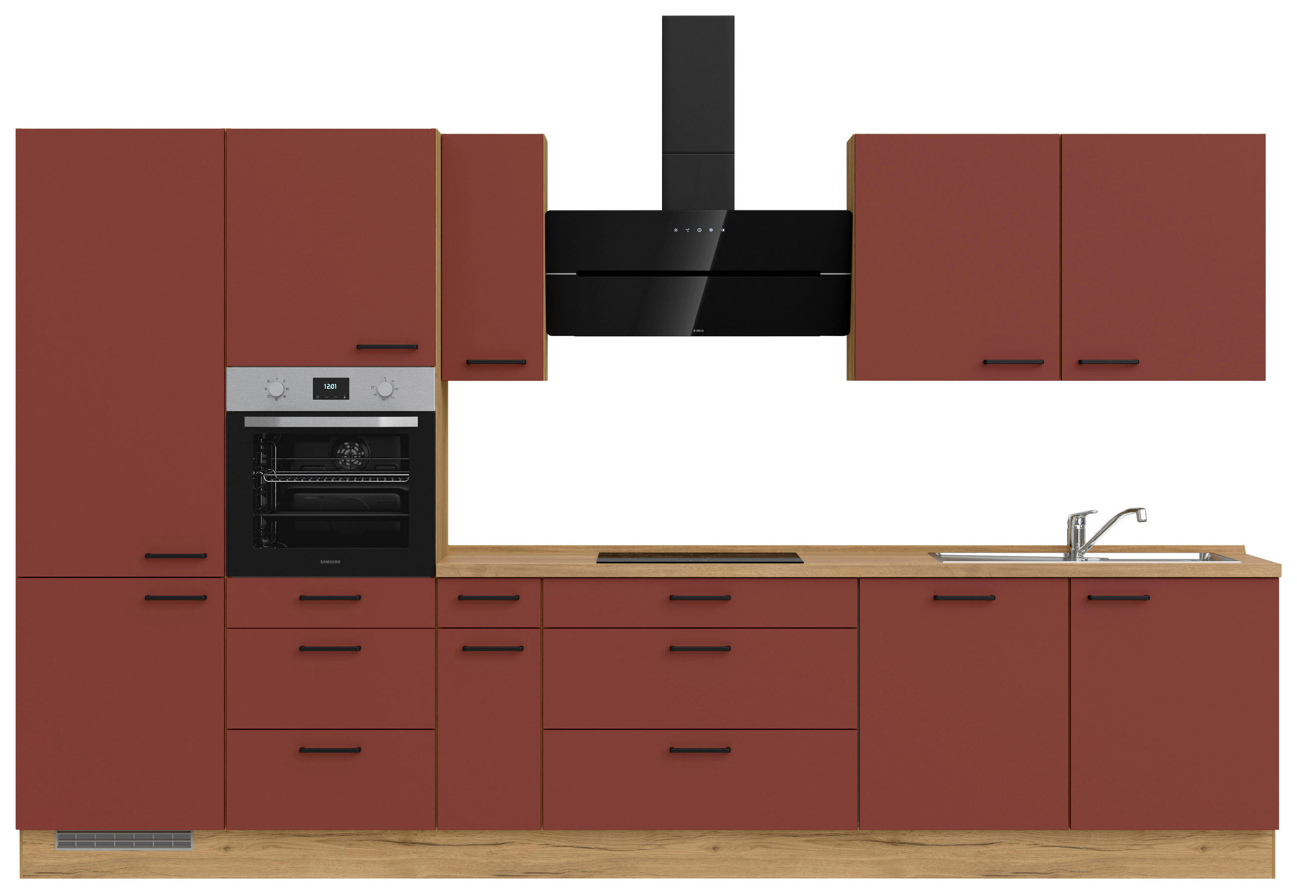 KÜCHENBLOCK 360 cm   in Eichefarben, Dunkelrot  - Eichefarben/Schwarz, MODERN, Holzwerkstoff/Metall (360cm) - Nobilia
