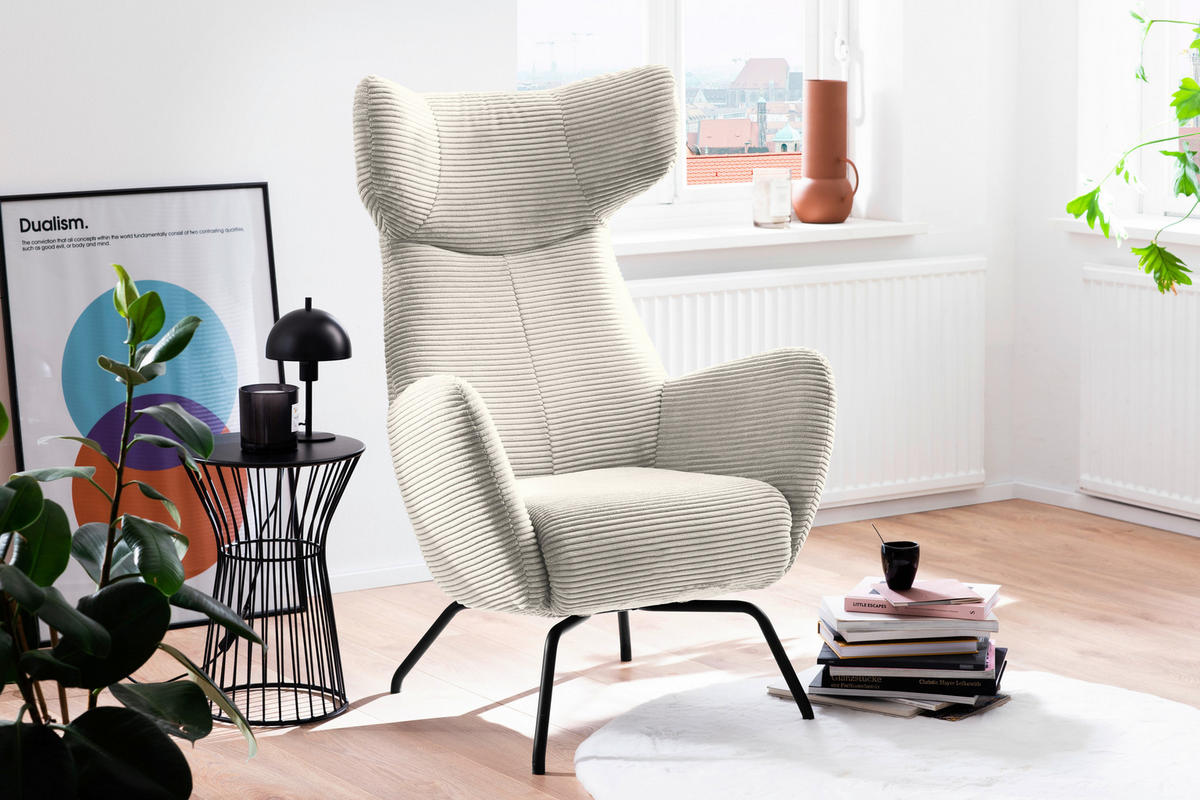 OHRENSESSEL in Cord Weiss  - Weiss/Schwarz, Design, Textil/Metall (79/117/82cm) - Lomoco