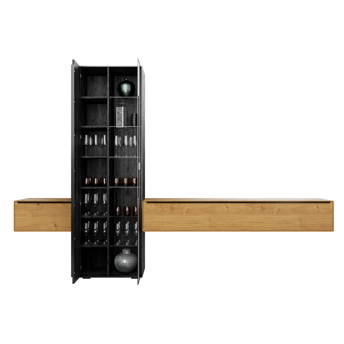 WOHNWAND  in Schwarz, Eichefarben 306/205,5/39,5 cm  - Eichefarben/Anthrazit, Natur, Glas/Holz (306/205,5/39,5cm) - Valnatura