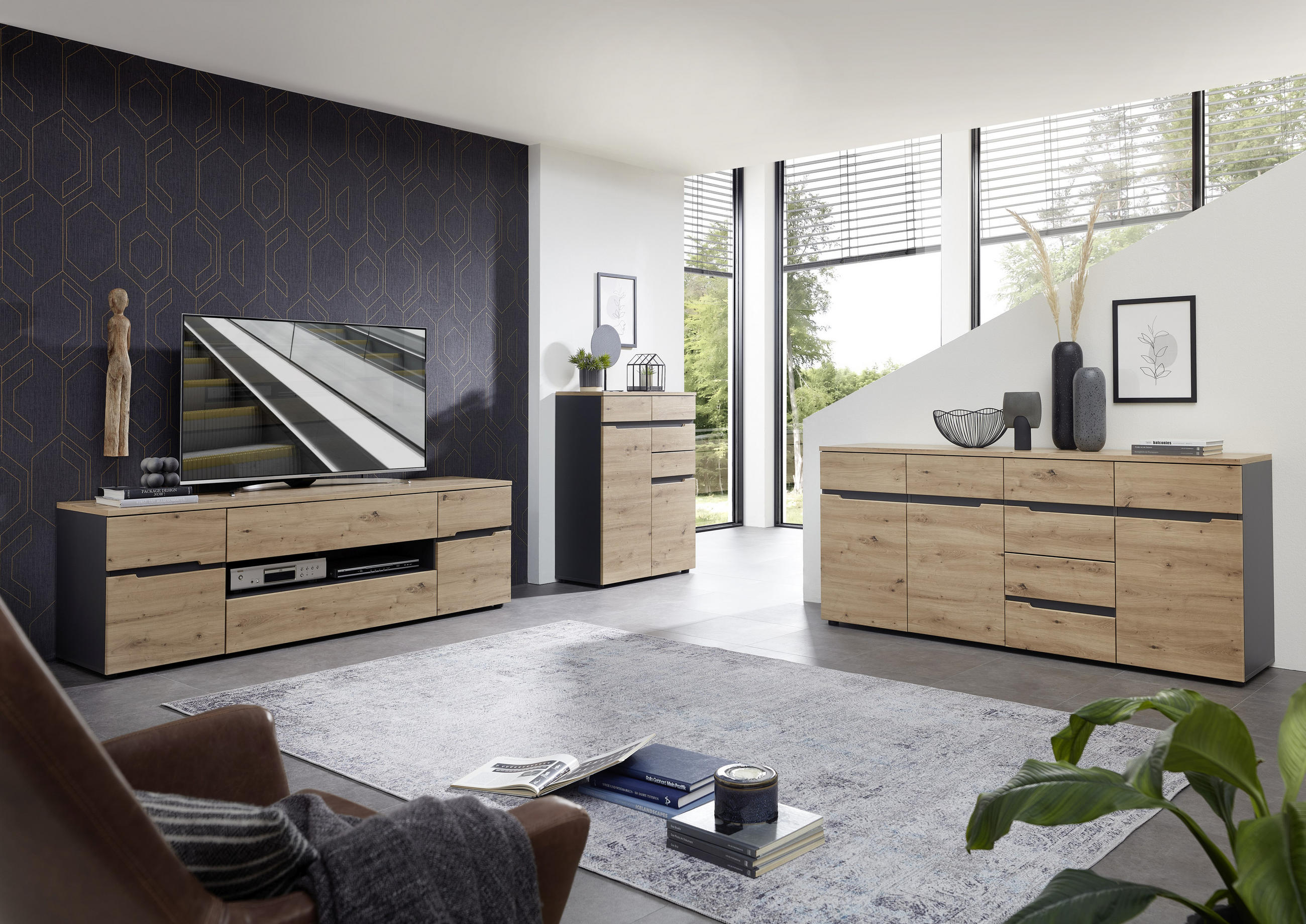 SIDEBOARD Graphitfarben, Eiche Artisan - Graphitfarben/Schwarz, Design, Holzwerkstoff/Kunststoff (180/82/44cm) - Voleo