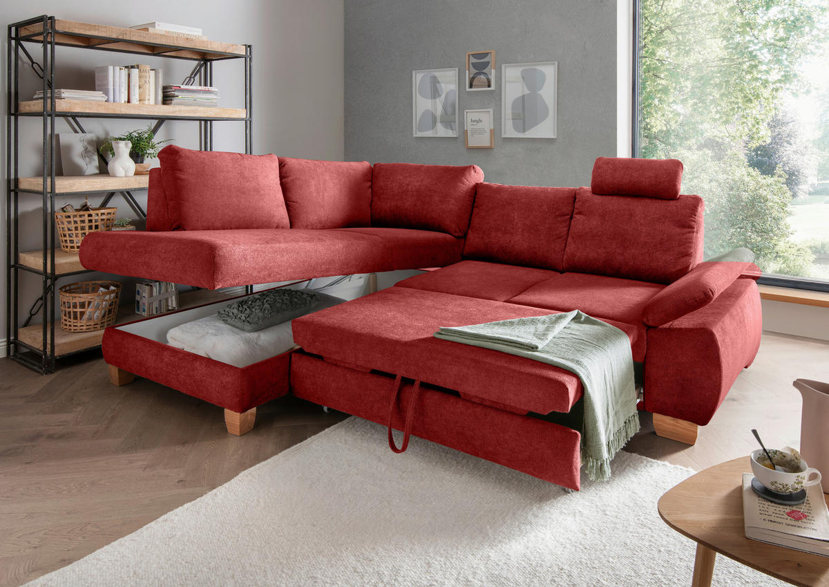ECKSCHLAFSOFA in Chenille Rot  - Wildeiche/Rot, Modern, Holz/Textil (206/261cm) - Livetastic