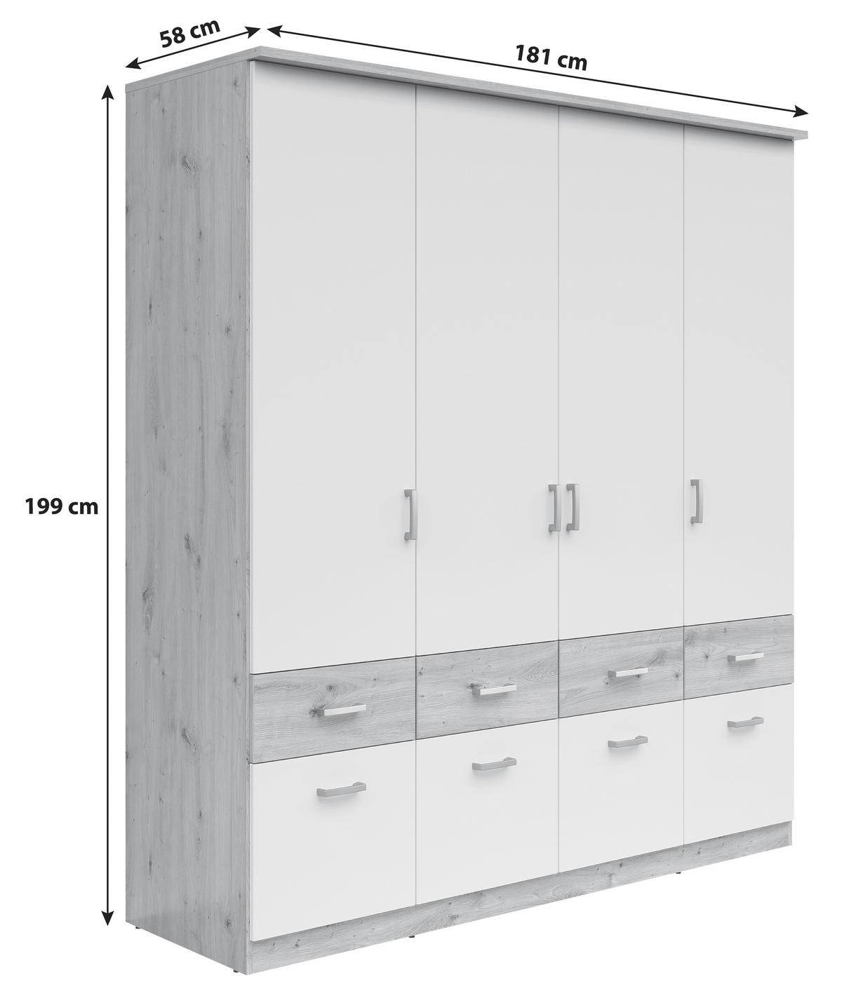 KLEIDERSCHRANK 181/199/58 cm 4-türig Weiß, Eiche Artisan  - Silberfarben/Weiß, KONVENTIONELL, Holzwerkstoff/Kunststoff (181/199/58cm)