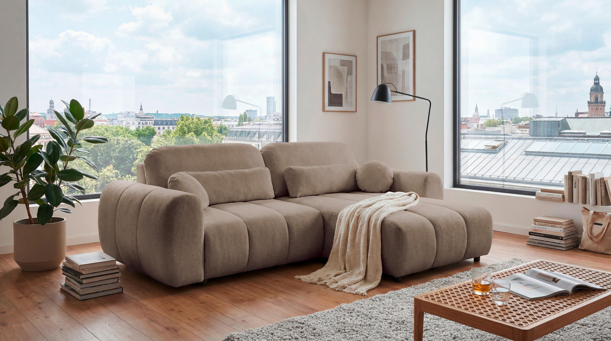 ECKSOFA Webstoff Taupe  - Taupe/Schwarz, Design, Kunststoff/Textil (260/192cm) - MID.YOU