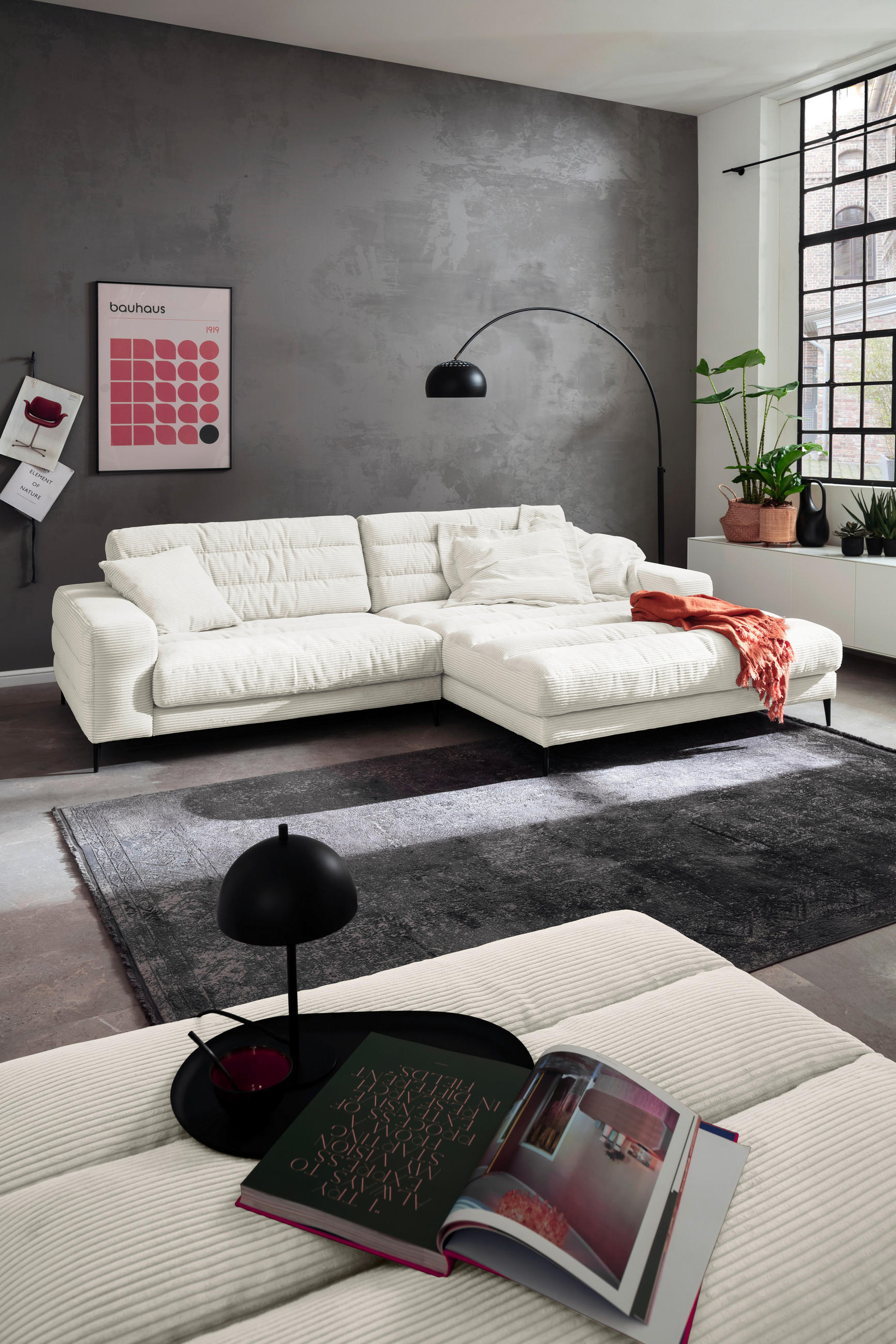 HOCKERBANK 90/83/125 cm Cord Weiß Metall  - Schwarz/Weiß, Design, Textil/Metall (90/83/125cm) - Dieter Knoll