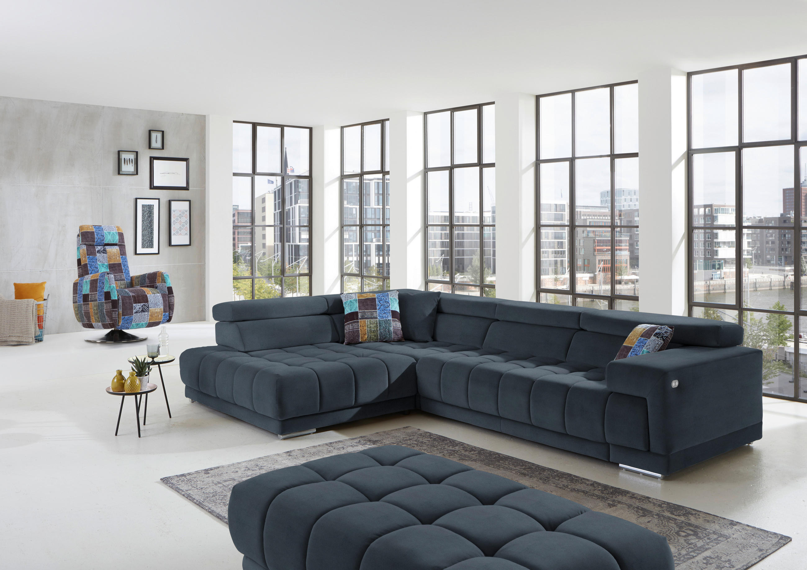 ECKSOFA in Mikrofaser Blaugrau  222/326 cm  - Chromfarben/Blaugrau, Design, Textil/Metall (222/326cm) - Beldomo Speed