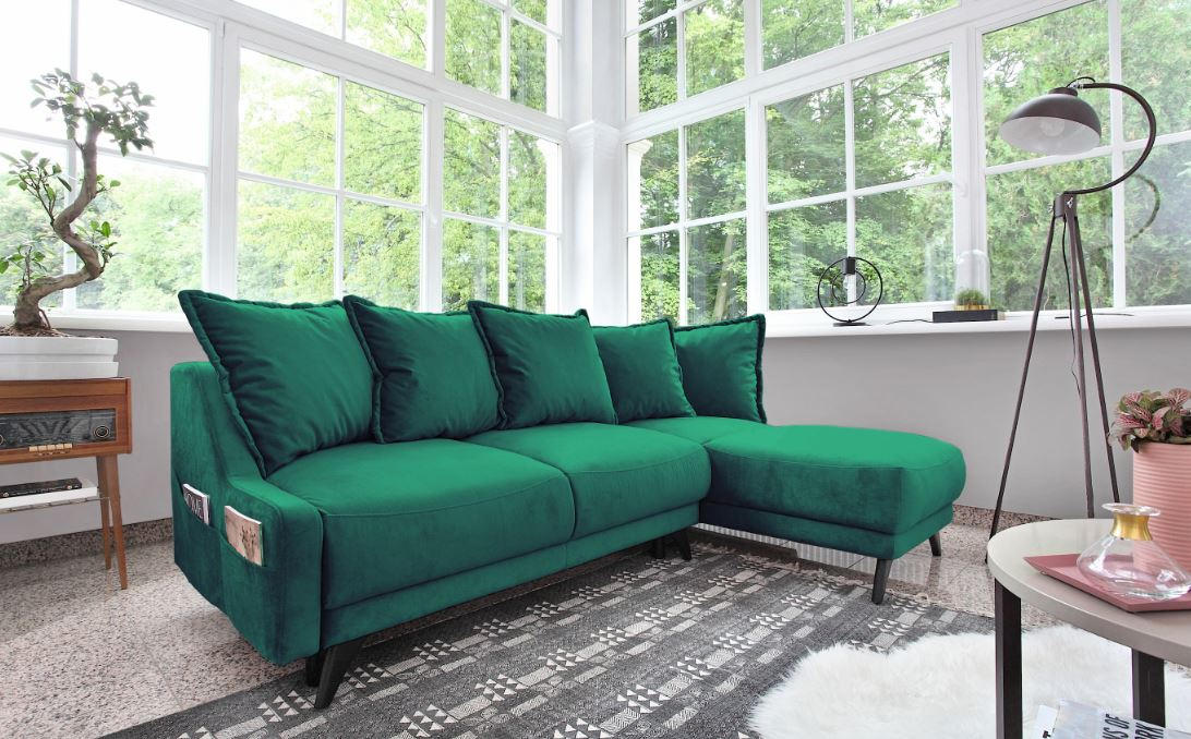 ECKSCHLAFSOFA Smaragdgrün Velours - Smaragdgrün/Schwarz, Basics, Holz/Textil (225/80/90/155cm) - MID.YOU