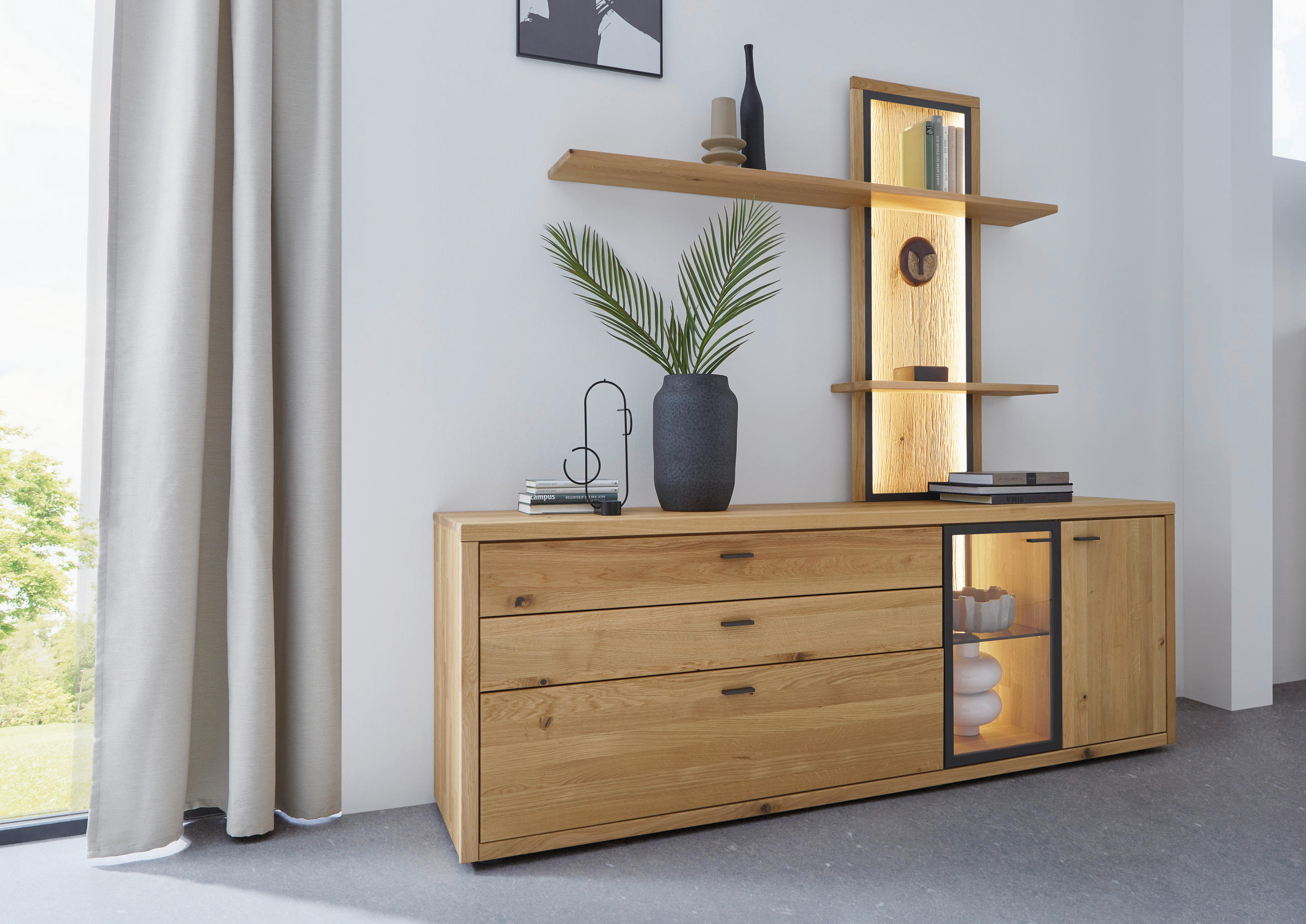 WOHNWAND  in Eichefarben 208/202/45 cm  - Dunkelgrau/Eichefarben, Design, Glas/Holz (208/202/45cm) - Valnatura