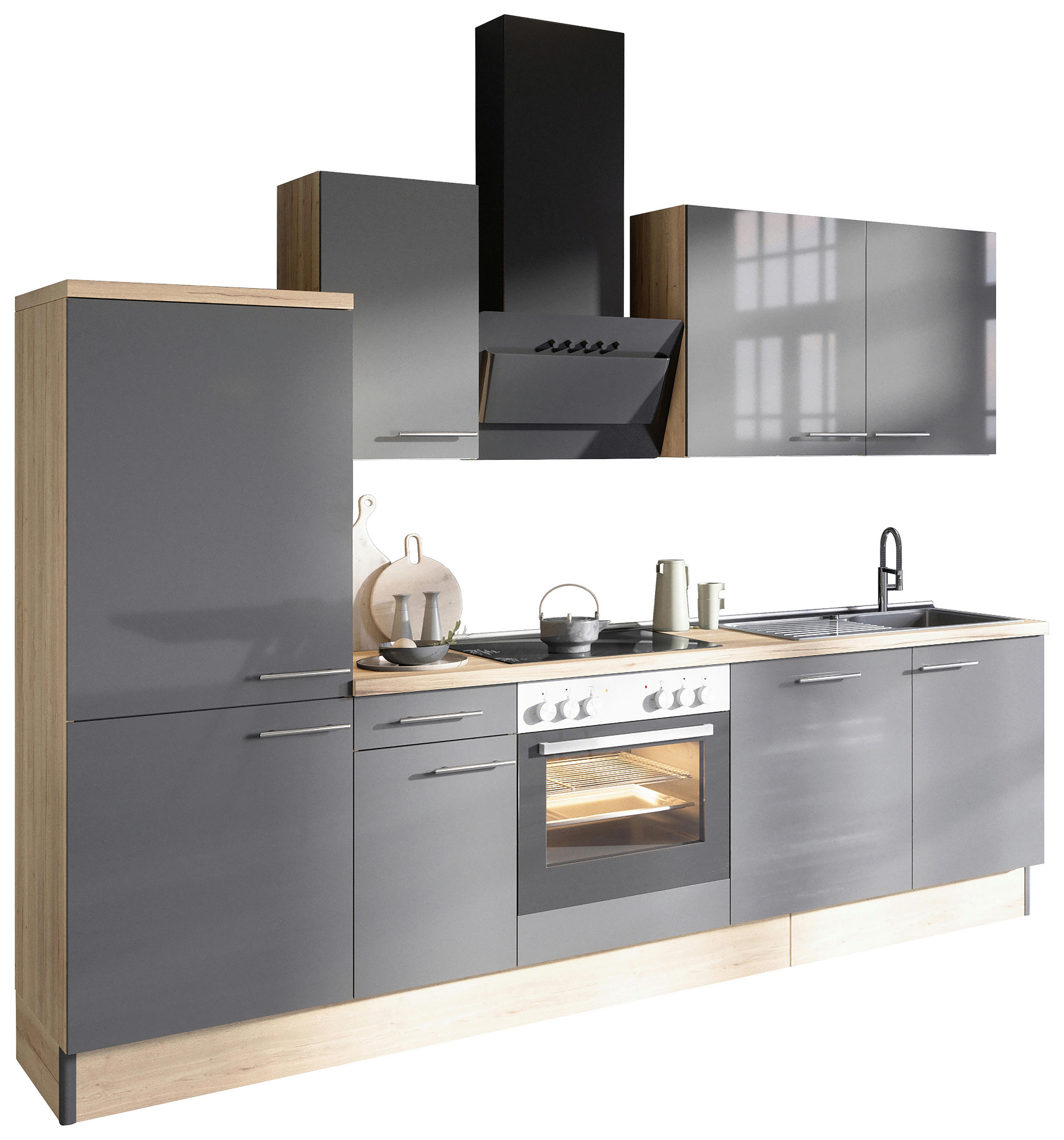 KÜCHENBLOCK 270 cm   in Anthrazit, Eichefarben  - Edelstahlfarben/Eichefarben, Basics, Holzwerkstoff/Metall (270cm) - Optifit