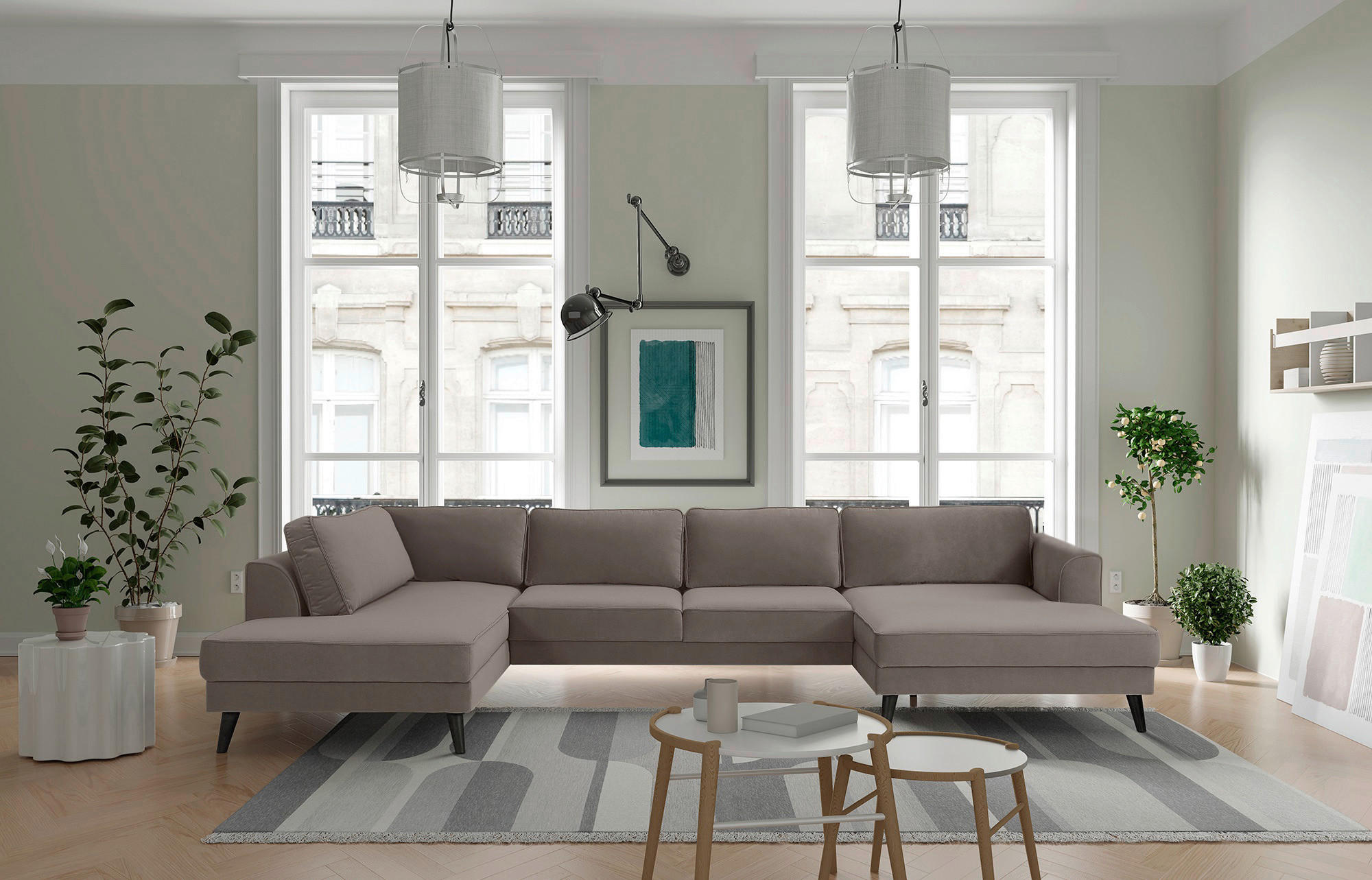 WOHNLANDSCHAFT in Velours Taupe - Taupe/Wengefarben, Modern, Holz/Textil (201/348/169cm) - Trendmanufaktur