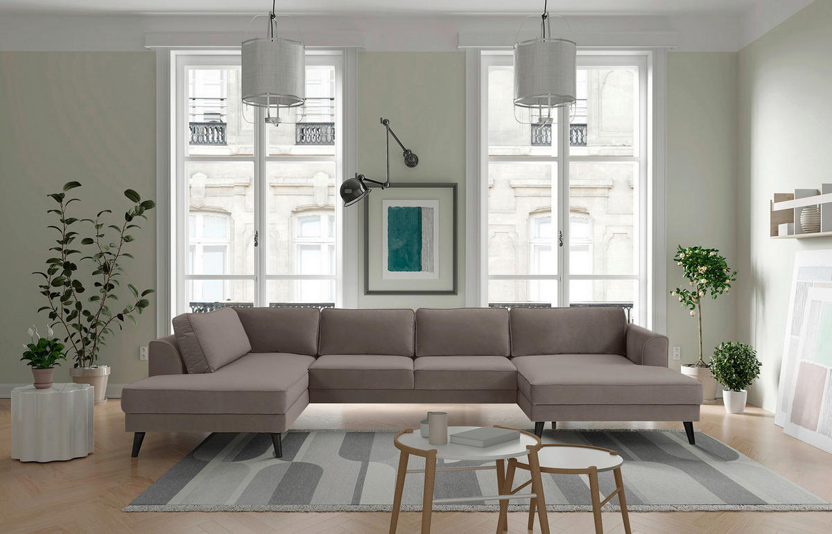 WOHNLANDSCHAFT in Velours Taupe  - Taupe/Wengefarben, Modern, Holz/Textil (201/348/169cm) - Trendmanufaktur