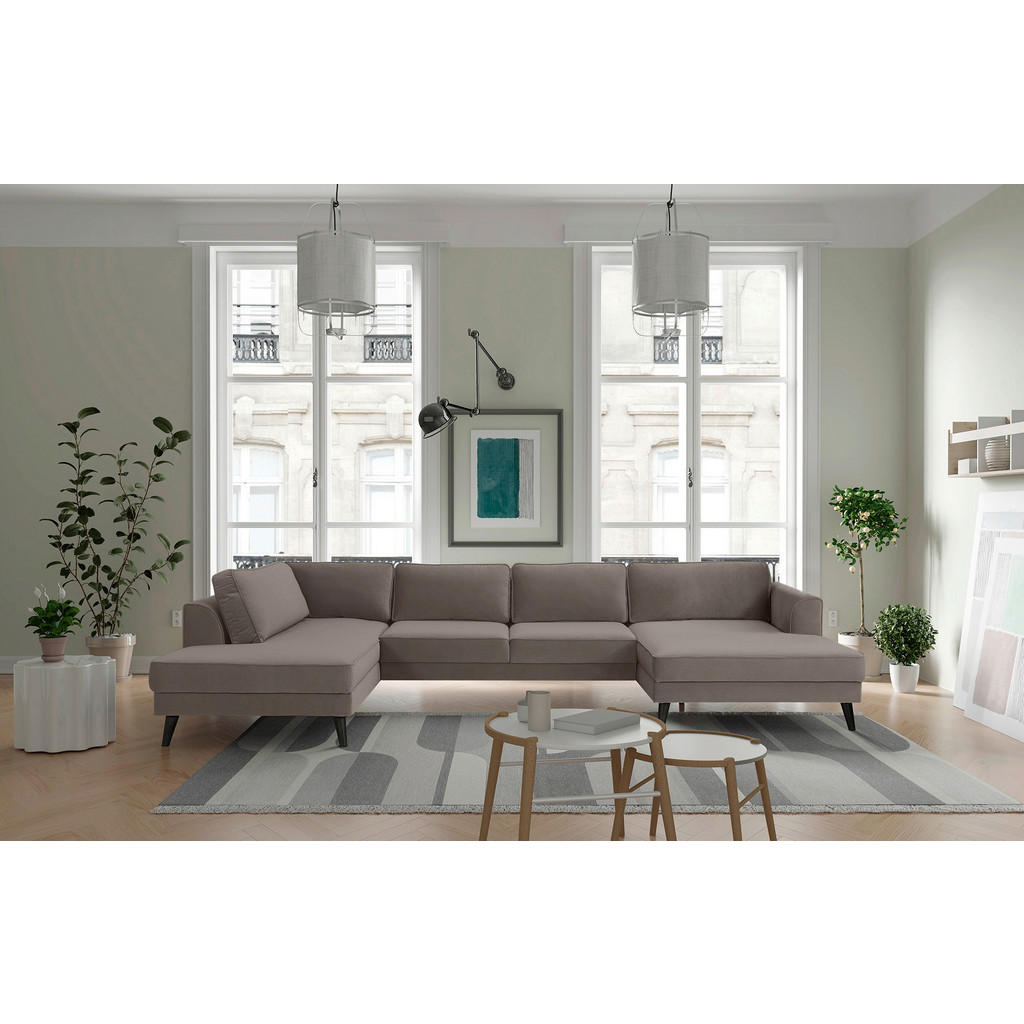 Thumbnail - Trendmanufaktur Wohnlandschaft Lumber Jack, Taupe, Textil, Wenge, 6-Sitzer, U-Form, 348x201 cm, Made in EU, Hocker erhäl...