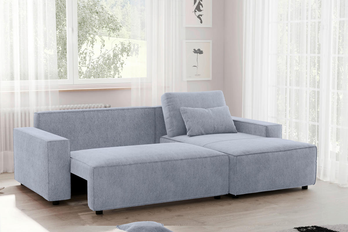 ECKSCHLAFSOFA  mit seitenverkehrt erhältlich, Rücken echt Chenille Hellblau  - Schwarz/Hellblau, MODERN, Kunststoff/Textil (247/154cm) - Livetastic