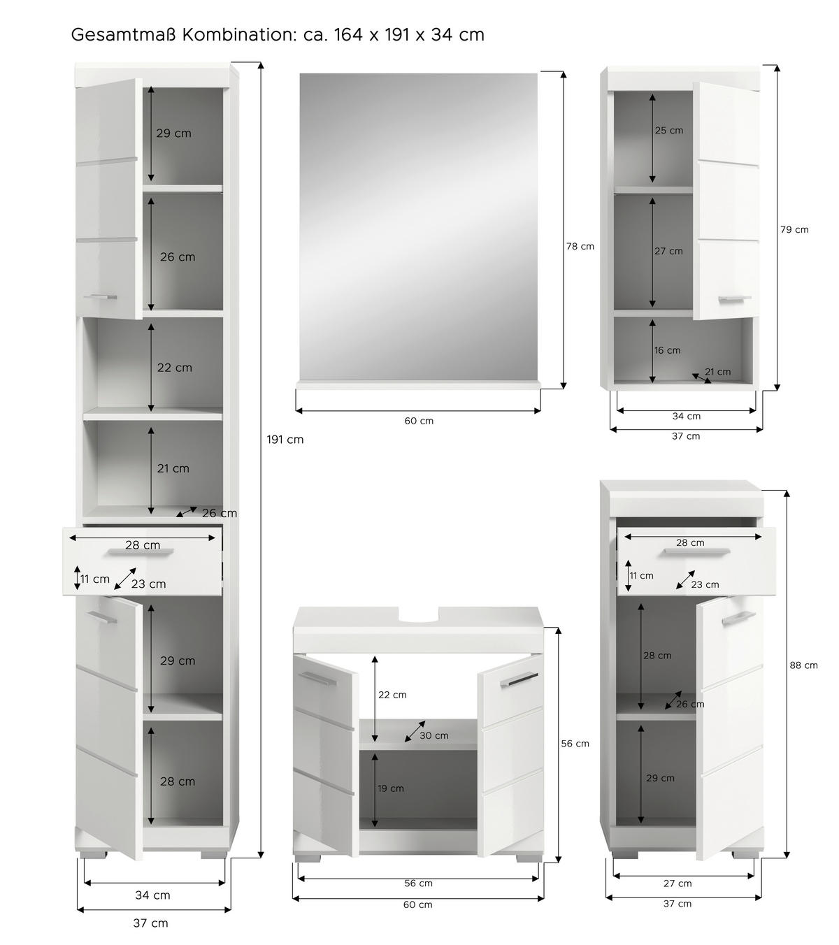 BADEZIMMER 5-teilig  in 134 cm  - Weiß Hochglanz/Silberfarben, MODERN, Glas/Holzwerkstoff (134cm) - MID.YOU