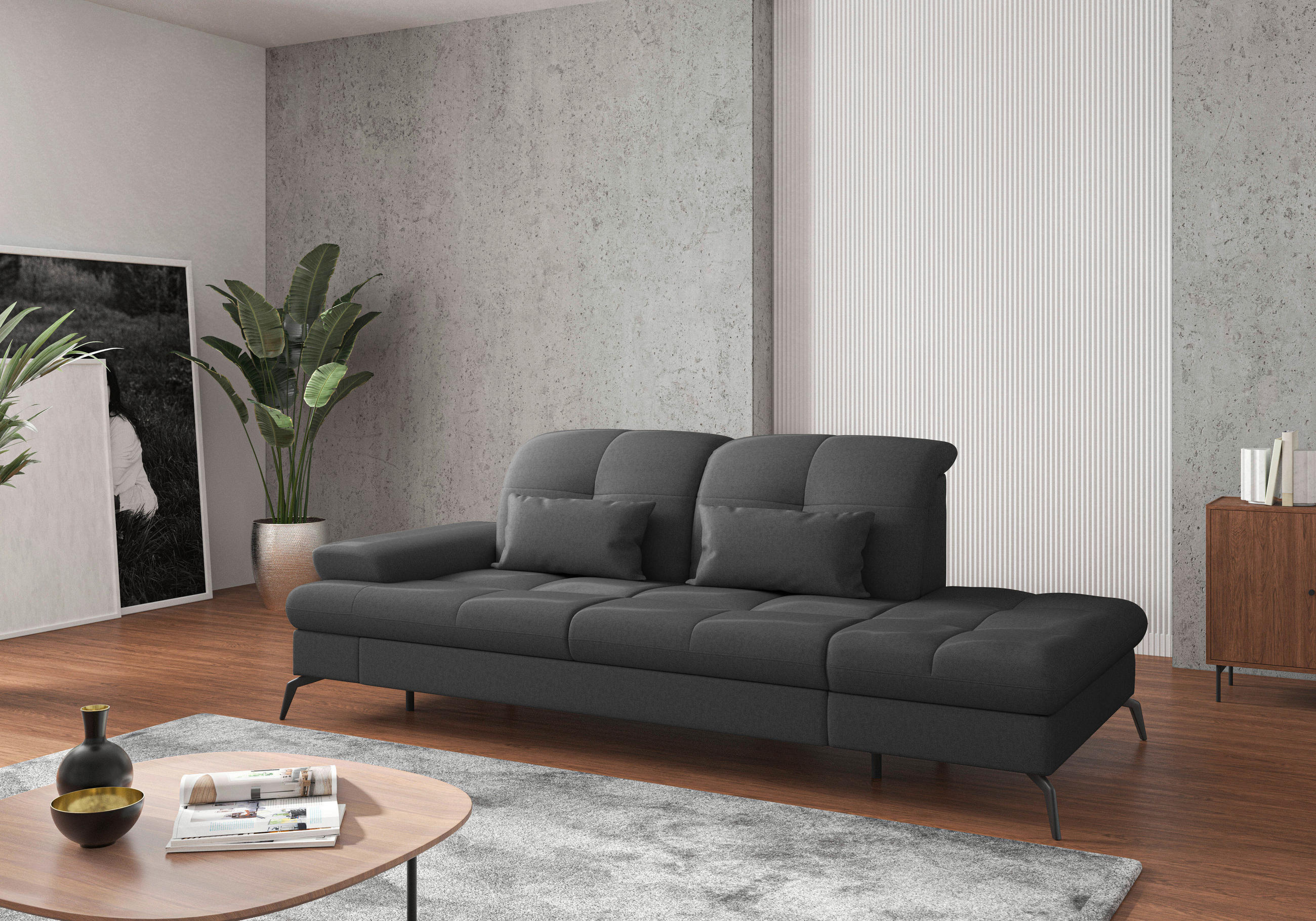 RÉCAMIERE Dunkelgrau Flachgewebe  - Dunkelgrau/Schwarz, KONVENTIONELL, Textil/Metall (231/90/122cm) - Sit & More