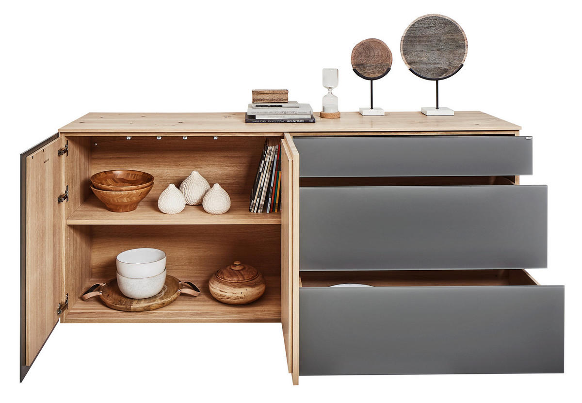 SIDEBOARD Wildeiche furniert, mehrschichtige Massivholzplatte (Tischlerplatte) Grau, Eichefarben Einlegeboden  - Eichefarben/Grau, MODERN, Glas/Holz (192/85,5/52cm) - Voglauer