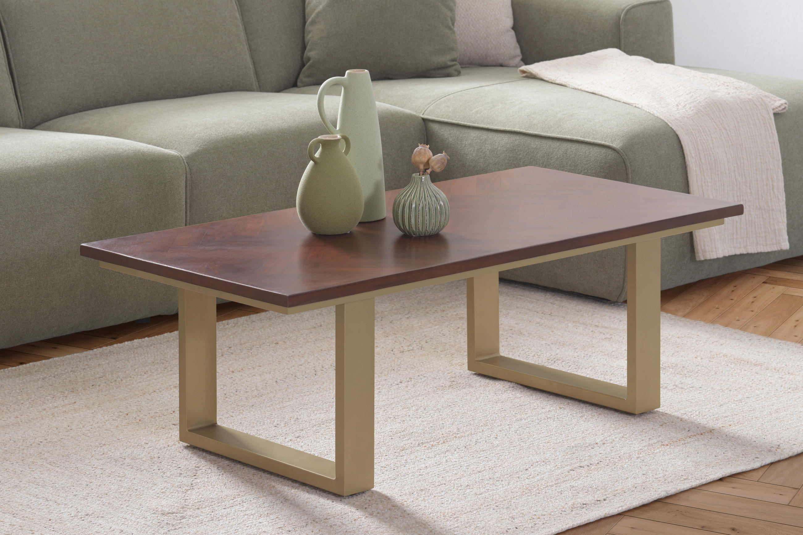 COUCHTISCH Mangoholz vollmassiv rechteckig Goldfarben, Walnussfarben  - Goldfarben/Walnussfarben, Design, Holz/Metall (120/40/60cm) - MID.YOU