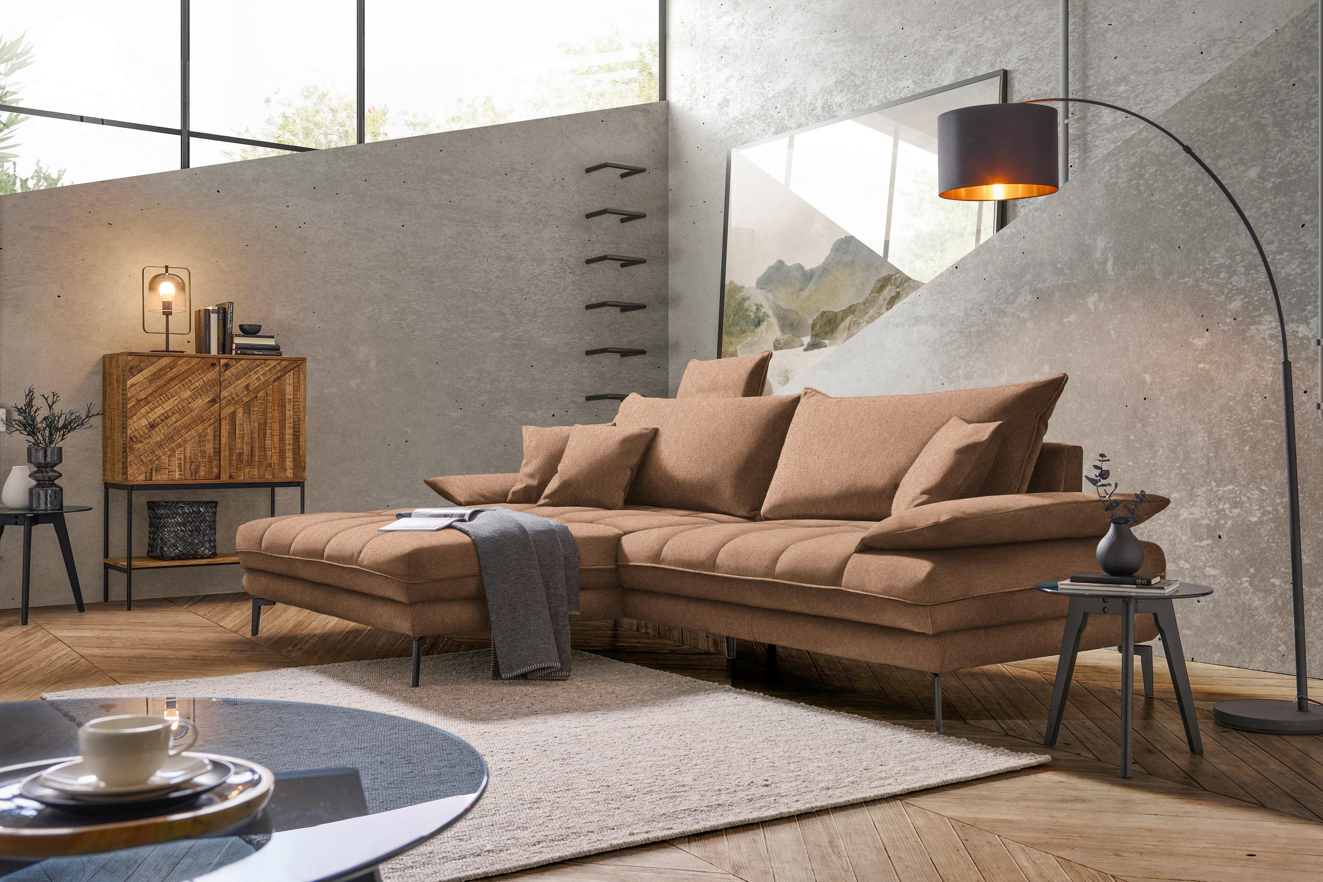 ECKSOFA Rostfarben Webstoff  - Rostfarben/Schwarz, MODERN, Textil/Metall (173/297cm) - MID.YOU