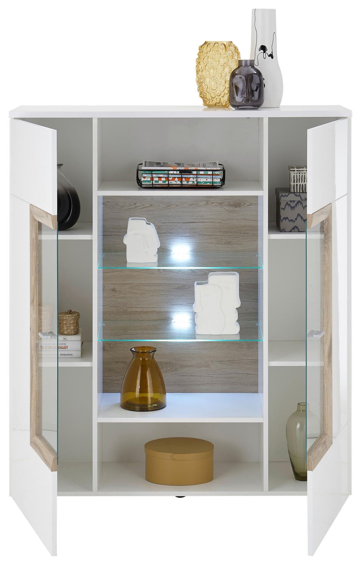 VYSOKÁ KOMODA, bílá, vysoce lesklá bílá, 120/137/38 cm - bílá/barvy stříbra, Design, kompozitní dřevo/plast (120/137/38cm) - MID.YOU
