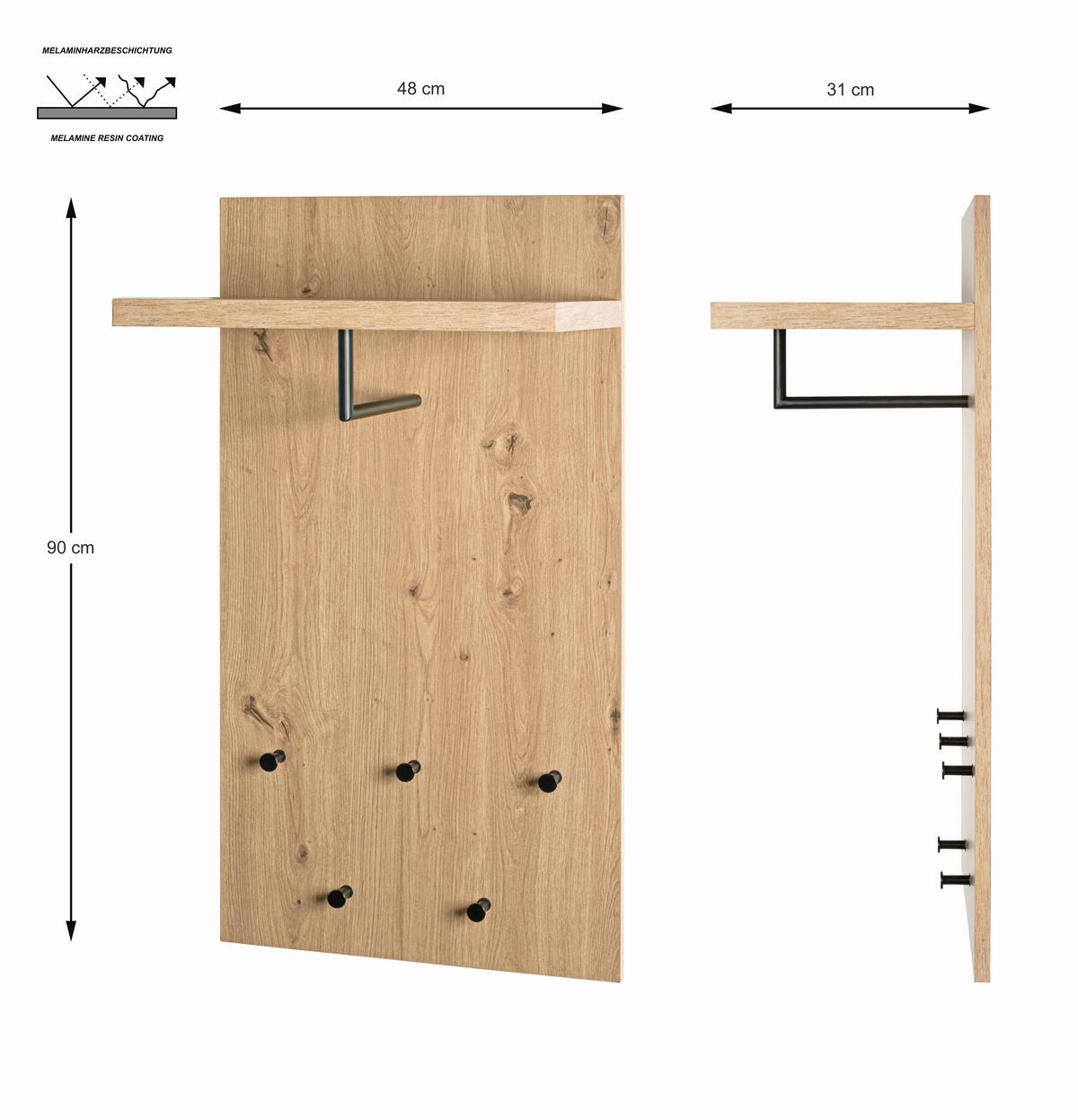 WANDGARDEROBE - Eichefarben/Schwarz, KONVENTIONELL, Holzwerkstoff/Metall (48/90/31cm)