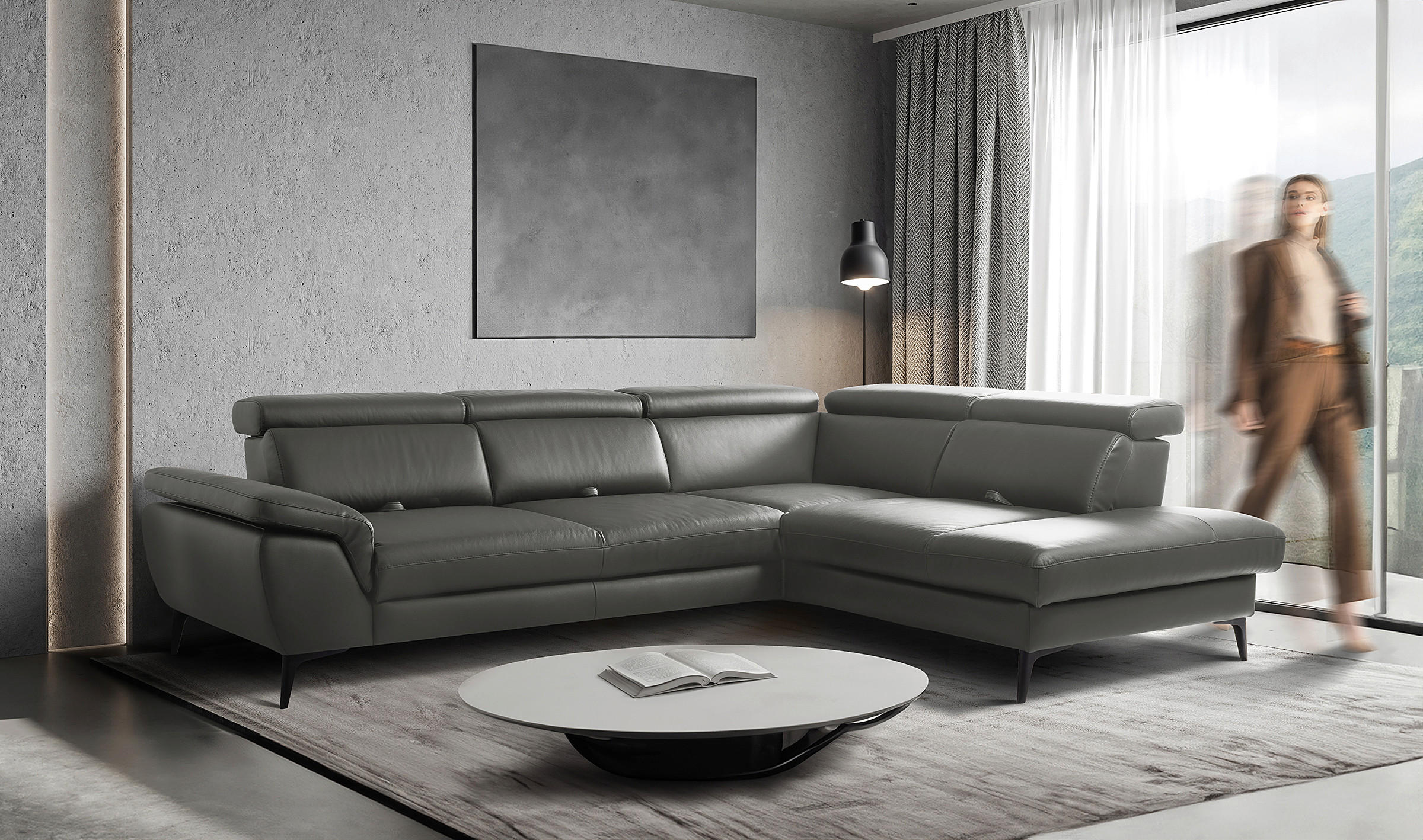 ECKSOFA  in Lederlook Echtleder Anthrazit  274/220 cm  - Anthrazit/Schwarz, Design, Leder/Textil (274/220cm) - Livetastic