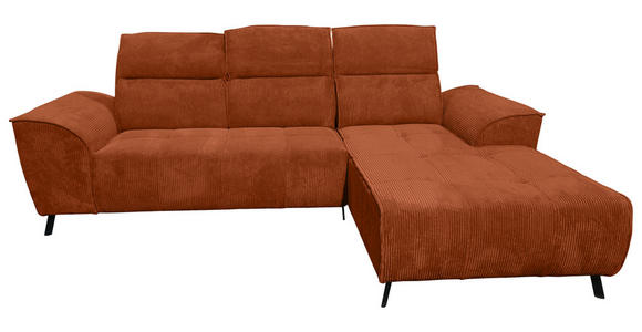 ECKSOFA Rostfarben Cord Rücken echt, Kopfteilverstellung, Sitzvorzug  - Rostfarben/Schwarz, KONVENTIONELL, Textil/Metall (290/196cm) - Carryhome