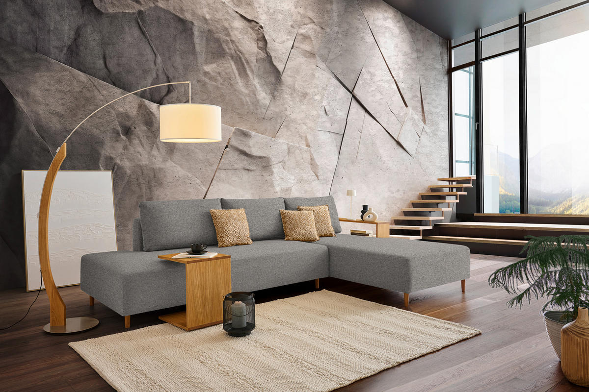 ECKSOFA in Flachgewebe Grau  - Eichefarben/Grau, Design, Holz/Textil (307/190cm) - Joka