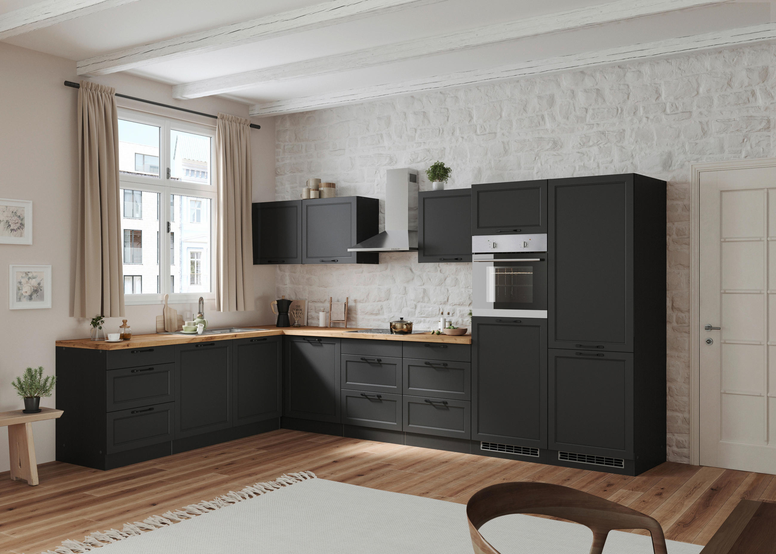 ECKKÜCHE 240/360 cm  Grau, Eiche Wotan  - Eiche Wotan/Schwarz, Lifestyle, Holzwerkstoff/Metall (240/360cm) - Held