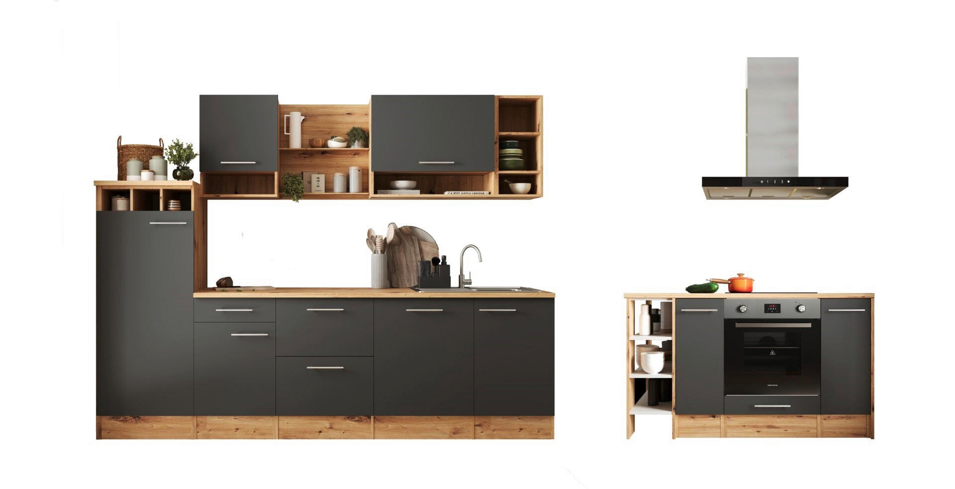 KÜCHENBLOCK 280-150 cm in Grau - Wildeiche/Alufarben, Design, Holzwerkstoff/Metall (280-150cm) - Respekta
