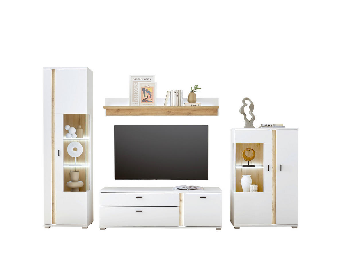 WOHNWAND 4-teilig  in Weiß, Eiche Wotan  305/200/42 cm  - Silberfarben/Eiche Wotan, Design, Glas/Holzwerkstoff (305/200/42cm) - MID.YOU