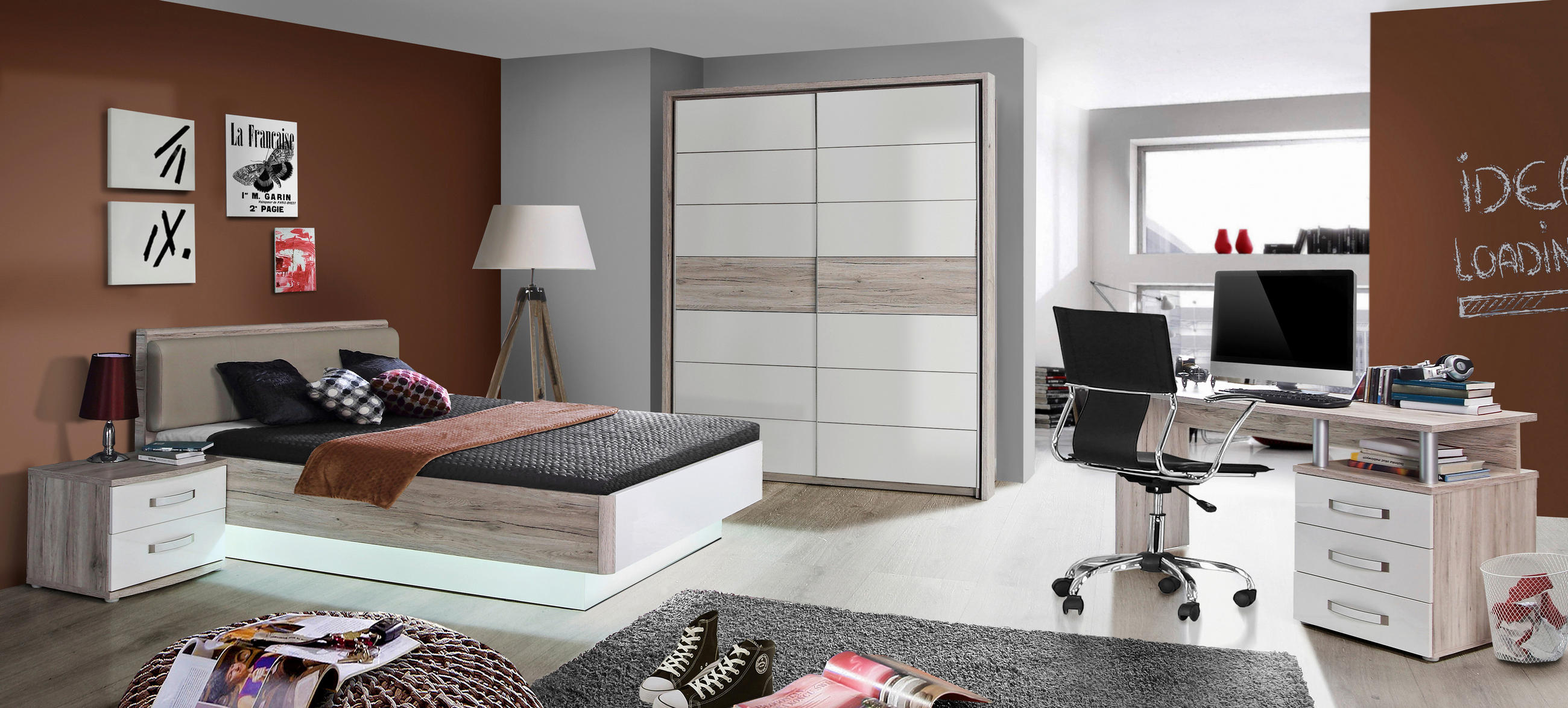BETT 140/200 cm  in Eichefarben, Weiß Hochglanz  - Eichefarben/Weiß Hochglanz, Design, Kunststoff (140/200cm) - Carryhome