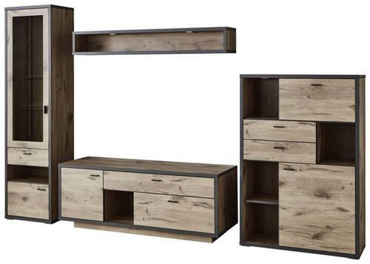 WOHNWAND  in Eichefarben, Dunkelgrau  327,4/207,9/50 cm  - Dunkelgrau/Eichefarben, MODERN, Glas/Holzwerkstoff (327,4/207,9/50cm) - Modante
