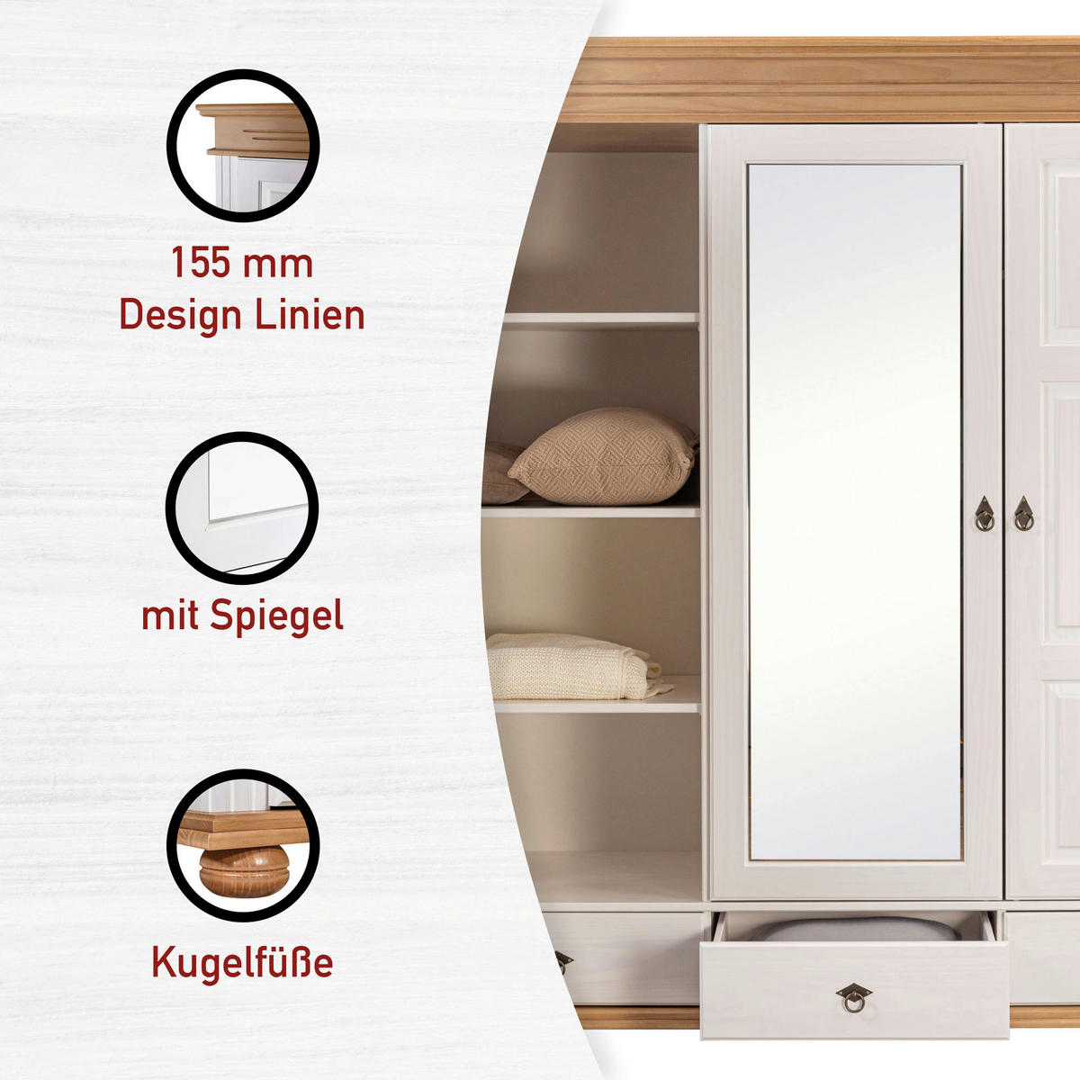 KLEIDERSCHRANK  in Weiß, Eichefarben  - Eichefarben/Schwarz, LIFESTYLE, Glas/Holz (194/220/62cm) - Ti'me