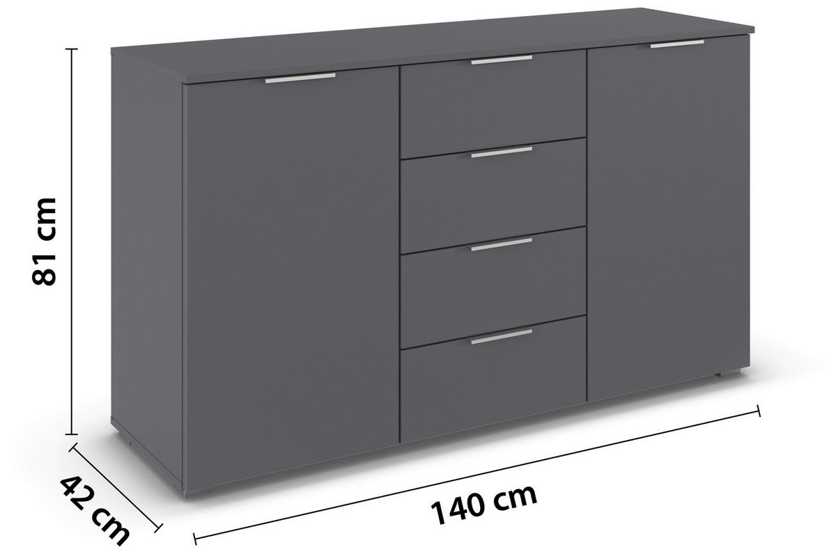 SIDEBOARD 140/81/42 cm  - aluminiumfärg/grå, Modern, trämaterial/plast (140/81/42cm) - Rauch Möbel
