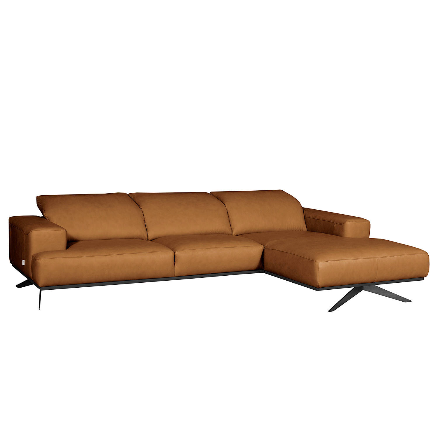 ECKSOFA Cognac Echtleder Rücken echt, Kopfteilverstellung  - Cognac/Schwarz, Design, Leder/Metall (295/187cm) - Livetastic