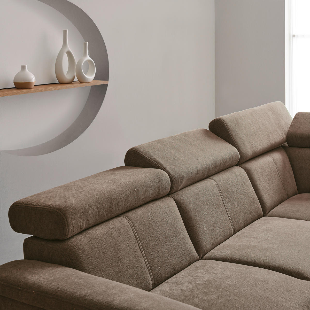 Ecksofa inkl. Funktionen in Chenille Braun, Schlammfarben  - Schlammfarben/Schwarz, Design, Textil/Metall (260/203cm) - Stylife