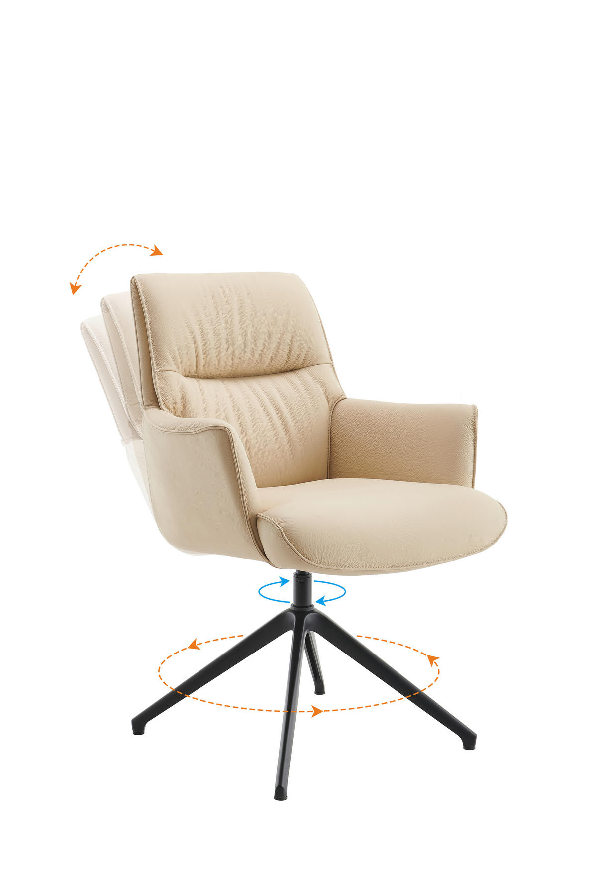 ARMLEHNSTUHL  Sitzfläche 360° drehbar, Wippfunktion, automatische Rückholfunktion  Echtleder  Beige  - Beige/Schwarz, Design, Leder/Metall (65/89/64cm) - Novel