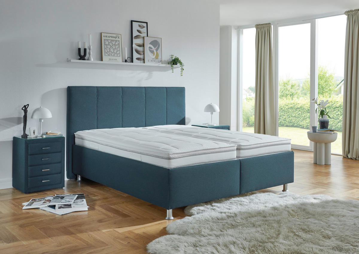POLSTERBETT 200/200 cm,  in Blau, Dunkelblau, Matratze, gepolstertes Kopfteil, Lattenrost, Bettkasten, H2 + H3 = mittel + fest  - Blau/Alufarben, KONVENTIONELL, Holz/Holzwerkstoff (200/200cm) - Beldomo - Sleep