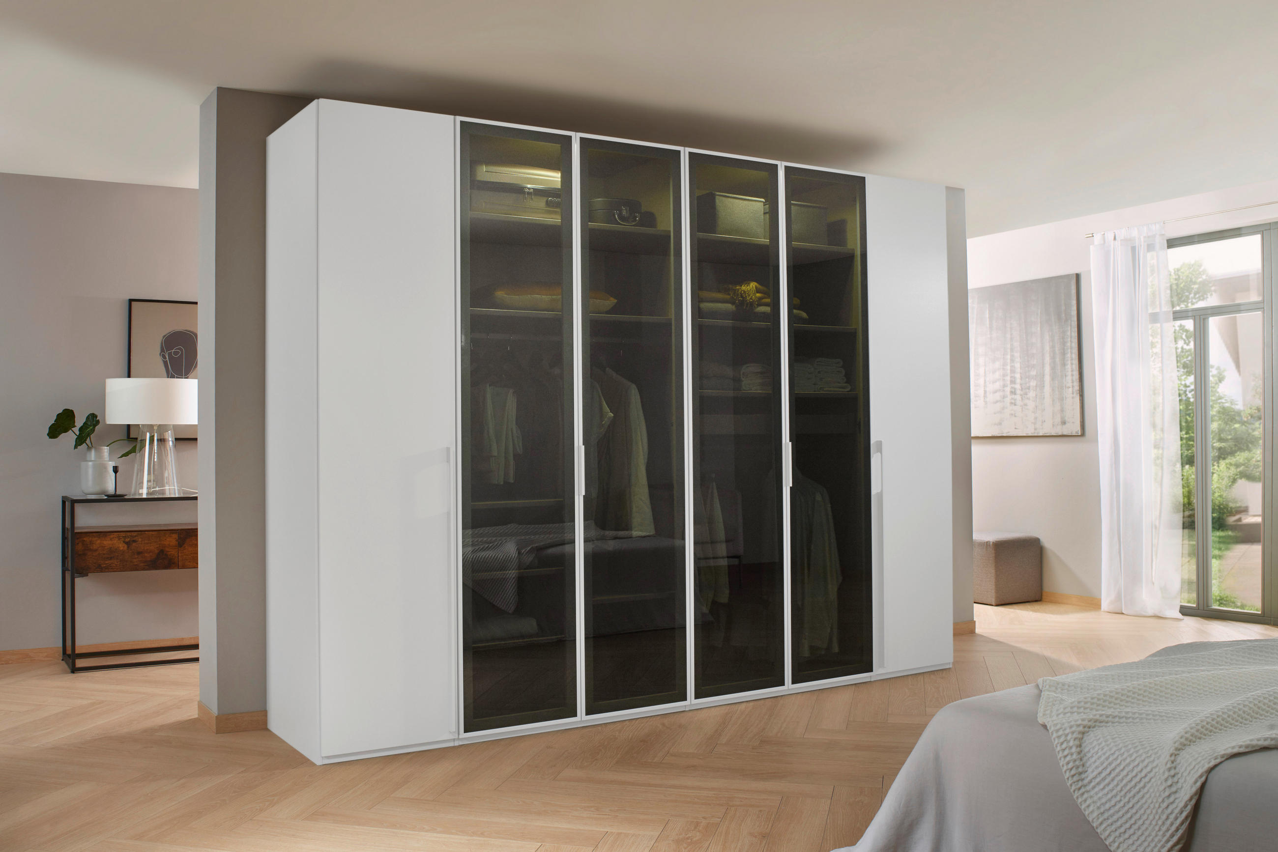 DREHTÜRENSCHRANK in Grau, Weiss  - Weiss/Grau, Trend, Glas/Holzwerkstoff (301/223/60cm) - Novel