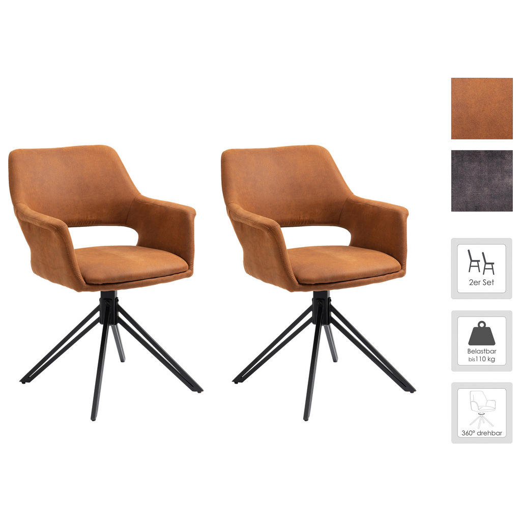 Thumbnail - Mid.you Armlehnstuhl, Braun, Schwarz, Metall, Textil, Flachrohr, 57x84x61 cm, Sitzfläche 360° drehbar, Esszimmer, Stühle...