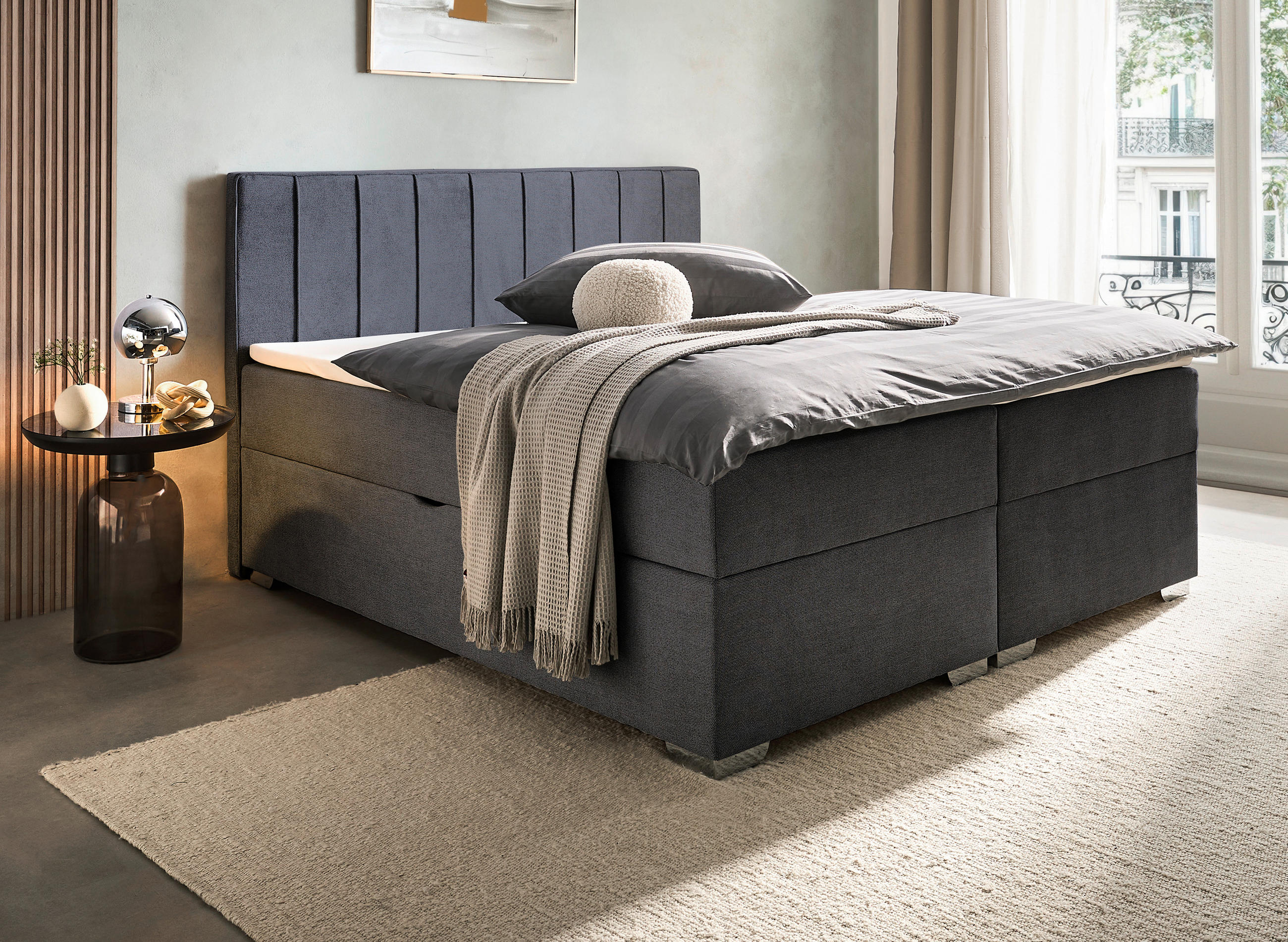 BOXBETT 140/200 cm,  in Graphitfarben, Bettkasten, Topper, H3 + H3 = fest  - Chromfarben/Graphitfarben, Trend, Kunststoff/Textil (140/200cm) - Boxxx