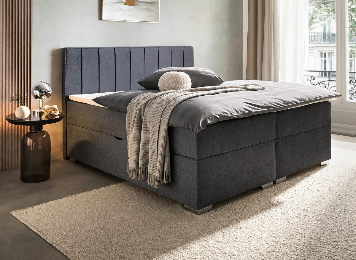 BOXBETT 160/200 cm,  in Graphitfarben, Bettkasten, Topper, H3 + H3 = fest  - Chromfarben/Graphitfarben, Trend, Kunststoff/Textil (160/200cm) - Boxxx