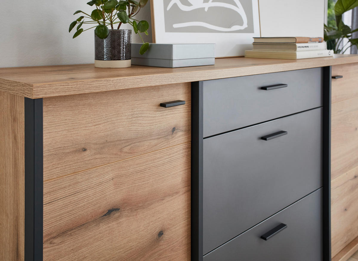 SIDEBOARD Schwarz, Eichefarben, Dunkelgrau  180/91,2/44 cm  - Eichefarben/Dunkelgrau, KONVENTIONELL, Holzwerkstoff/Kunststoff (180/91,2/44cm) - Xora