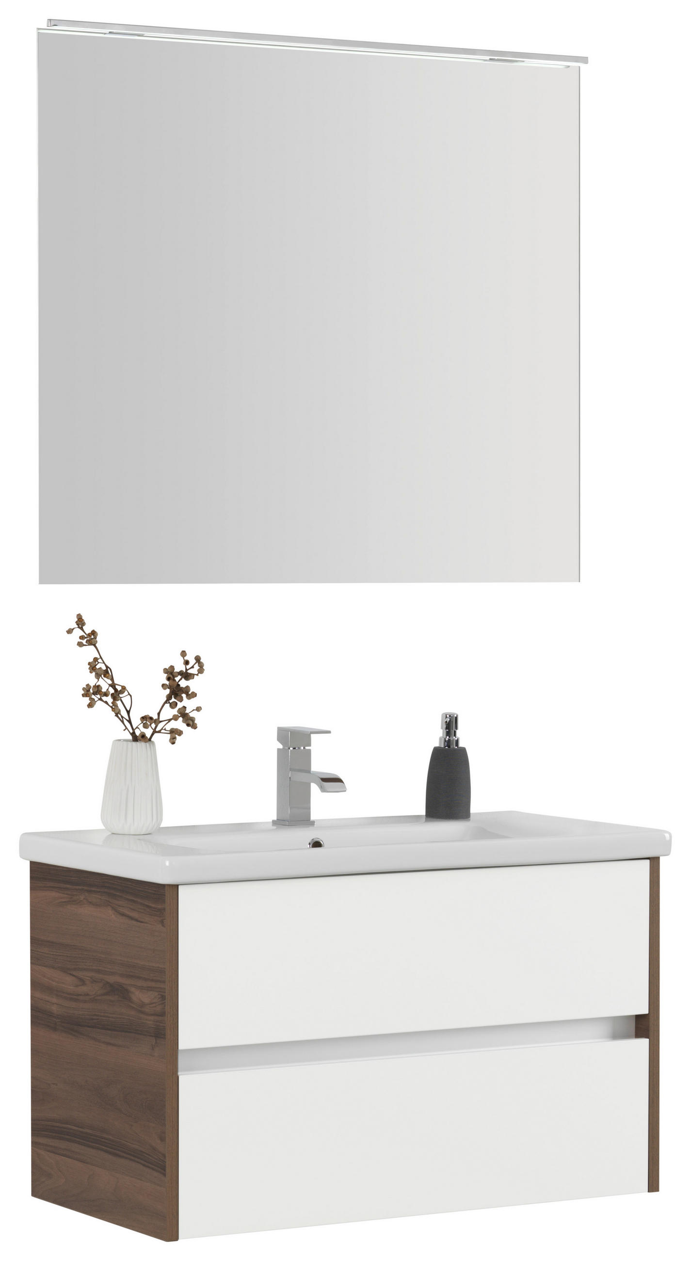 BADEZIMMER in 90 cm - Weiß Hochglanz/Nussbaumfarben, Basics, Glas/Keramik (90cm) - Voleo